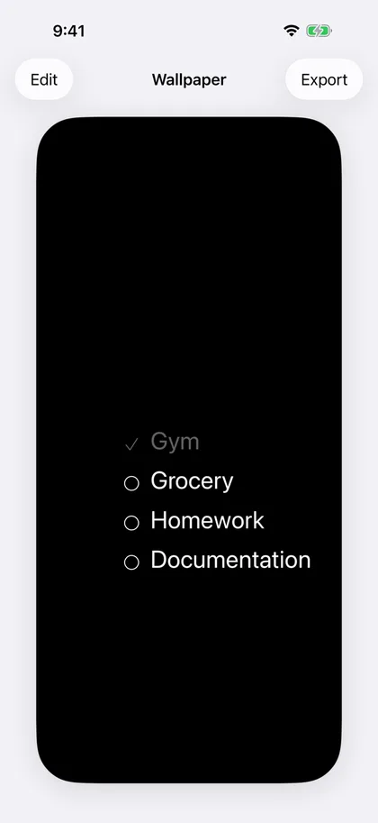 WallList wallpaper screen showing a four-item checklist